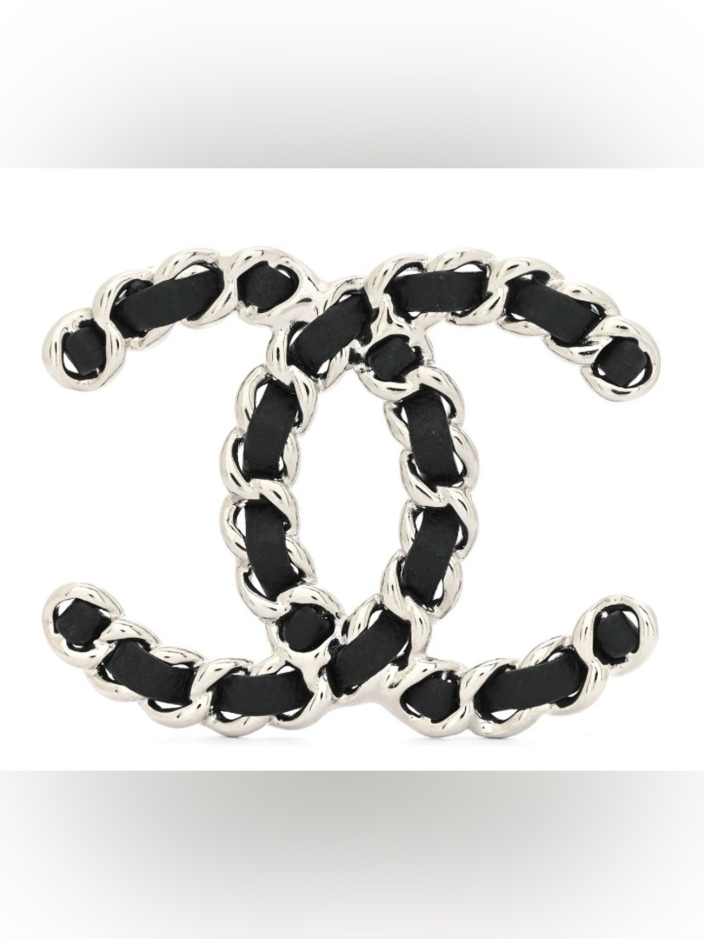 Double C Lambskin And Chain Silver-Tone Logo Brooch